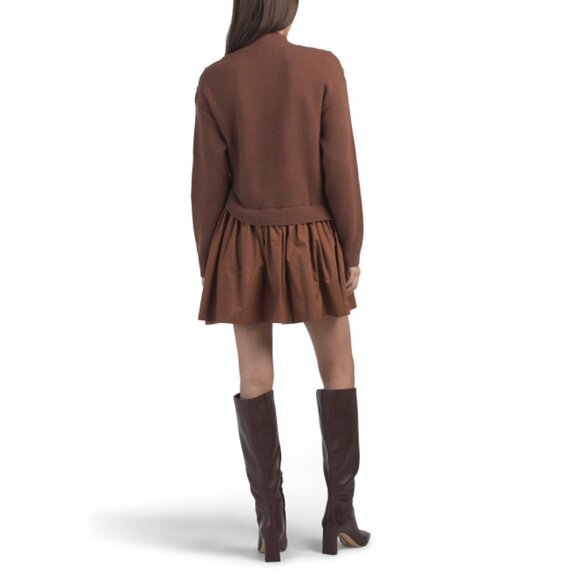 ZOE & CLAIRE Brown Long Sleeve Mixed Media Mini Dress With Button Detail - Picture 2 of 2
